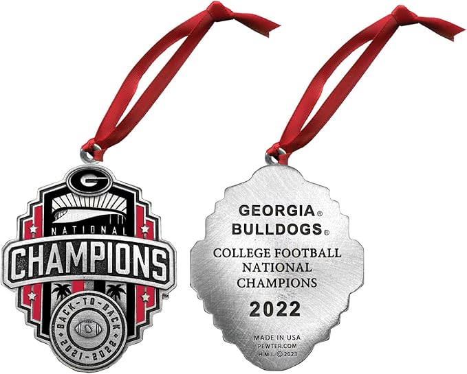 2022 Georgia Bulldogs National Back to Back Championship Ornament | Hand-Sculpted Christmas Tree Ornament | Intricately Crafted Metal Pewter Alma Mater Inlay