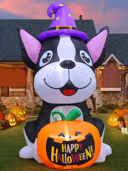 Halloween Inflatables Outdoor Decor 4.4FT Dog Hold Pumpkins Blow Up Yard Decorations with LED Lights Halloween Outside Lawn Party Decor