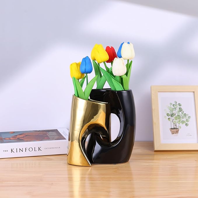 Black and Gold Vase Set of 2, Nordic Modern Ins Style Vases, Boho Ceramic Vases for Centerpieces, Mid Century Abstract Donut Vase, Unique Funky Vase for Wedding, Decorative Pampas Grass Vase Decor