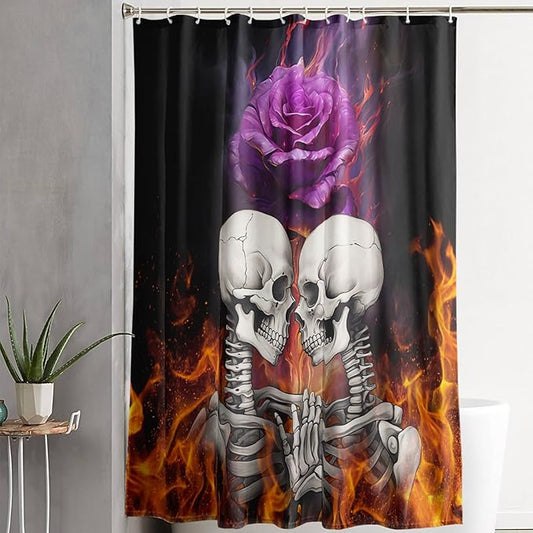 AILONEN Sugar Skull Shower Curtain,Fire Rose with Skeleton Design Shower Curtain Set with Hooks for Boys Girls Teens,Gothic Skull60 W*72" H