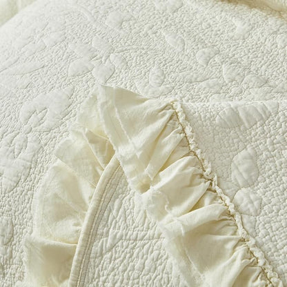 Brandream Cream Yellow White Quilt Set Queen Size Cotton Matelasse Bedding Luxury Ruffle Bedspread 3-Piece
