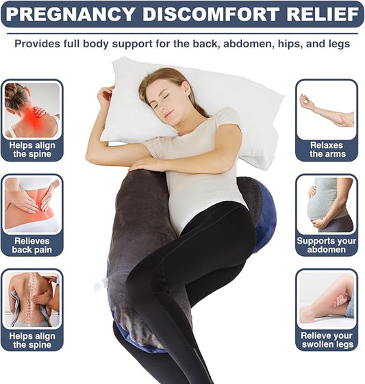 Pregnancy Pillow for Sleeping, Maternity Pillow, Velvet Cover Maternity Pillow Support for Back, Legs, Belly, HIPS Grey-Blue Large