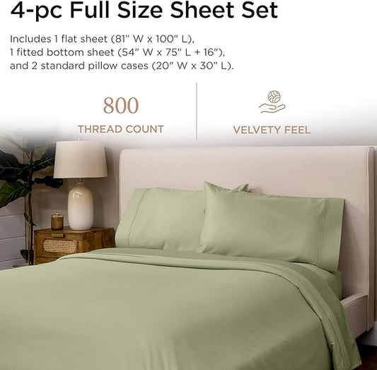 Threadmill Luxury 800 Thread Count Full Size 100% Cotton Sheets - Sage Green Sateen Weave Bed-Sheets, Better Than Egyptian Cotton, 4 Pc Solid Bed Set, Fits 16" Deep Pocket