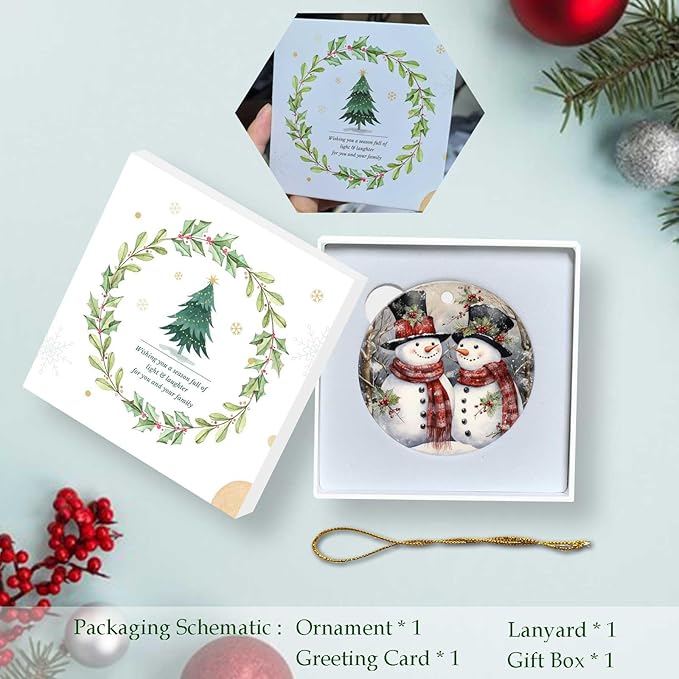 Snowman Couple Ornament Round Ceramic Ornaments Xmas Keepsake for Christmas Tree Winter Holiday Xmas Gift for Women Men Xmas Hanging Ornament 3"