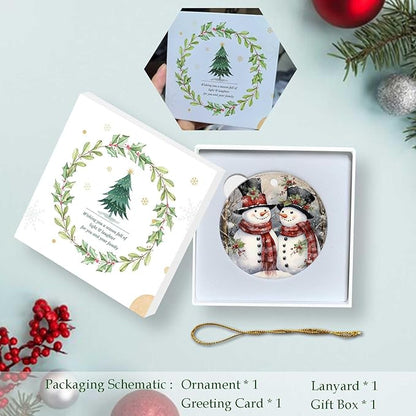 Snowman Couple Ornament Round Ceramic Ornaments Xmas Keepsake for Christmas Tree Winter Holiday Xmas Gift for Women Men Xmas Hanging Ornament 3"