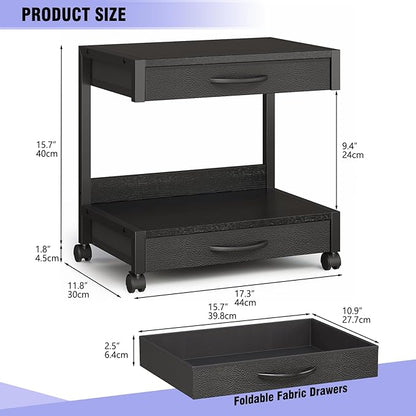 2-Tier Desktop Printer Stand with 2 Fabric Drawers, Prtiner Table with Storage Shelf, Desk Organizer for Home Office,3D Printer,Fax Machine,Scanner (Black, 2 Tier)