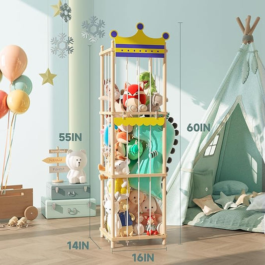 Stuffed Animal Storage Stuffed Animal Zoo, 60" Wood Large Animal Storage Toy Holder with High Elastic Rope, Zoo Organizer Cage for Nursery,Playroom,Bedroom