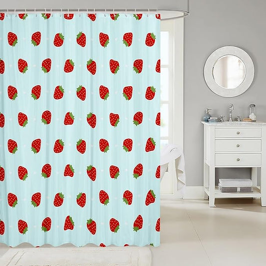 Feelyou Strawberry Fabric Shower Curtain Teal Blue Kawaii Girly Shower Curtain for Kids Boys Girls Kawaii Strawberry Bathroom Waterproof Accessories with 12 Hooks Kawaii Lovely Curtains,72x84 Inches