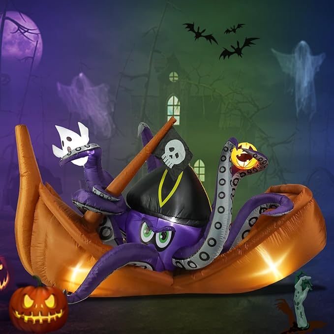 7 FT Long Halloween Inflatable Octopus Corsair Outdoor Decoration, Holiday Decorations Built-in White LED Light Blow Up Halloween Decorations for Yard, Garden, Lawn,Holiday, Party