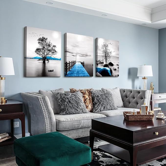 Wall Decorations For Living Room Framed Canvas Wall Art For Bedroom Office Wall Decor Black And White Ocean Landscape Wall Paintings Large Size Modern Posters Pictures Artwork For Home Decor 3 Piece