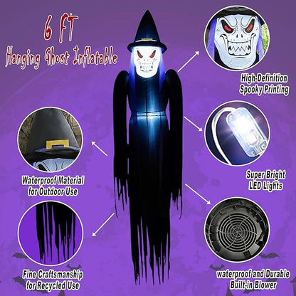 6FT Halloween Inflatables Hanging Ghost Outdoor Decorations Blow Up Yard Decor with Built-in LEDs for Tree Window Porch Lawn Party Decor