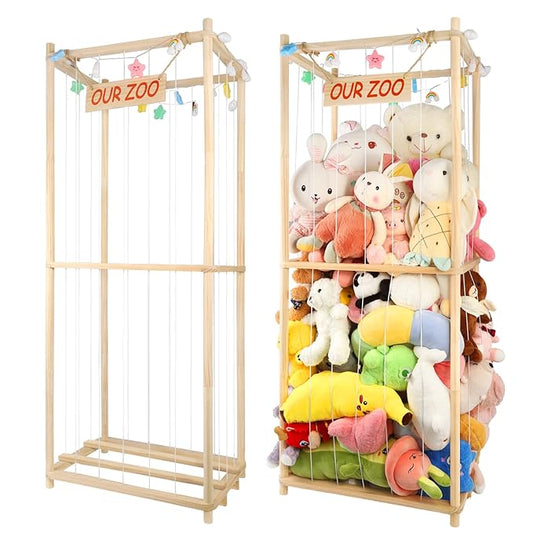 Extra Large Stuffed Animal Storage Wooden Stuff Animal Organizer 63" Stuffed Animal Zoo Holder Kids Plush Toys Cage Stuffed Animal Display with Light Strips for Playroom Bedroom Nursery Room Decor
