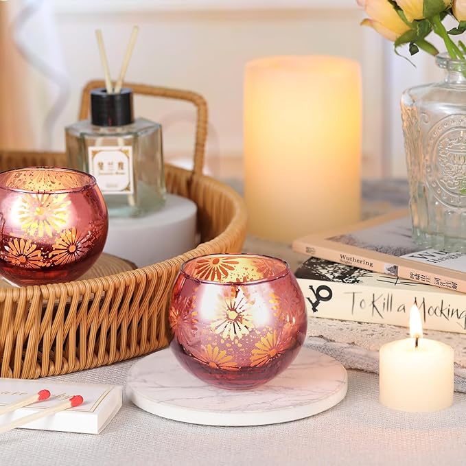 Pink Mercury Glass Votive Candle Holders Set of 12, Round Tealight Candle Holders for Table Centerpieces, Weddings, Shower Gifts, Party Decorations