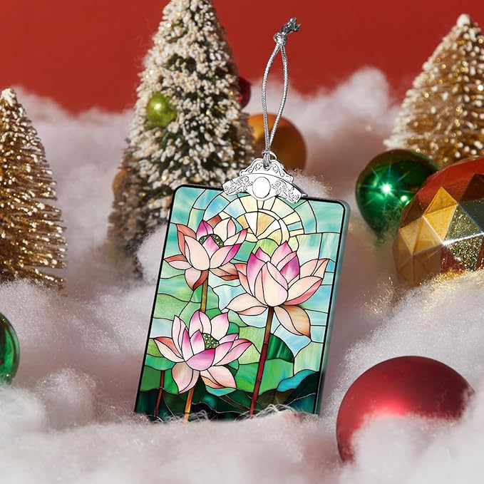 Lotus Flower Stained Glass Ornament, 205 Christmas Tree Hanging Decoration for Zen-Inspired Holiday Decor or Gift Exchange, 3.8 x 2.4 Inch