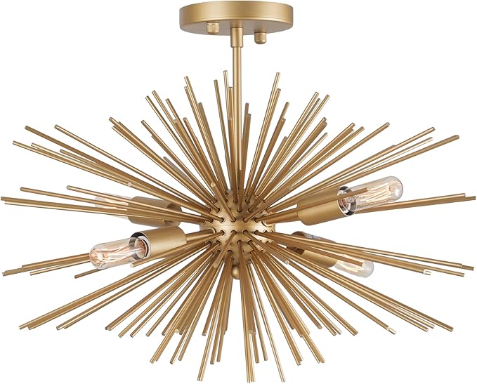 Modern 20" Gold Sputnik Light Fixture 4-Light Modern Semi Flush Mount Ceiling Light Solid Metal Golden Starburst Sputnik Chandelier for Dining Room, Bedroom, Kitchen, Laundry Room, Foyer
