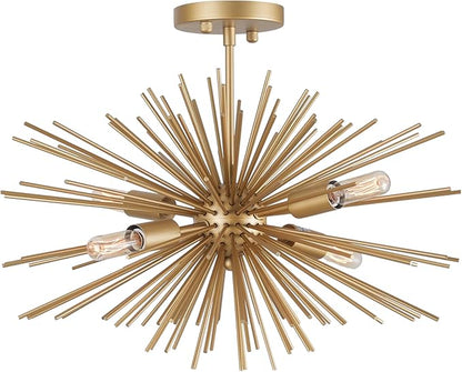 Modern 20" Gold Sputnik Light Fixture 4-Light Modern Semi Flush Mount Ceiling Light Solid Metal Golden Starburst Sputnik Chandelier for Dining Room, Bedroom, Kitchen, Laundry Room, Foyer