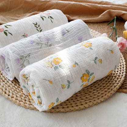 Baby Blankets for Unisex Boys Girls Super Soft Nursery Minky Blankets with Breathable Muslin Cotton Front and 3D Touch Dotted Fleece Backing, Floral Printed Bed Throws Newborn