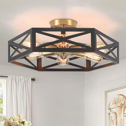 Kitchen Lighting Fixtures Ceiling,Farmhouse Flush Mount Ceiling Light with Metal Cage Modern Black and Gold Hallway Light Fixture Black Ceiling Light for Bedroom Bathroom Foyer 19.6 in
