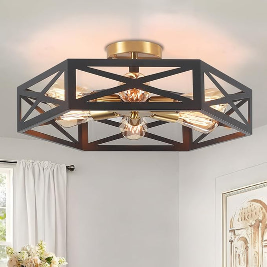 Kitchen Lighting Fixtures Ceiling,Farmhouse Flush Mount Ceiling Light with Metal Cage Modern Black and Gold Hallway Light Fixture Black Ceiling Light for Bedroom Bathroom Foyer 19.6 in