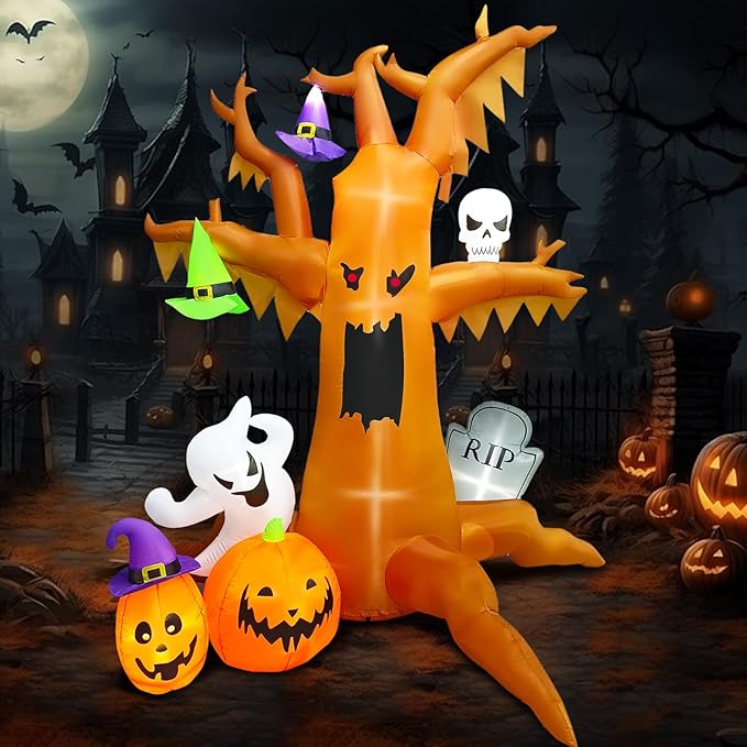 8.4FT Halloween Inflatable Spooky Tree, Halloween Blow up Tree Inflatable with Ghost Pumpkin Skull Wizard Hat Tombstone Built-in 7 LED for Halloween Party Parade Haunted House Outdoor Decor