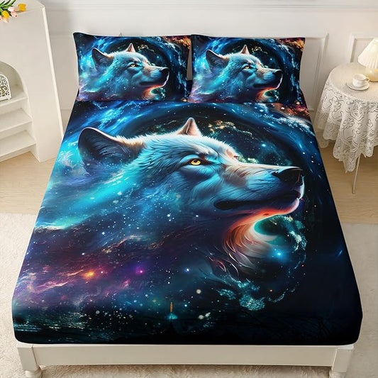 AILONEN Wolf Fitted Sheet Set Twin Size, Space Galaxy Wolf Bed Sheet Set for Boys Girls,Howling Wolf Safari Wolf Breathable Fitted Sheet and 2 Pillowcases,3 Pieces