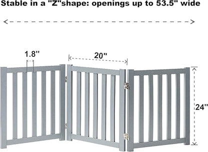 LZRS 3-Panel Wooden Free Standing Foldable Dog Gate – 24" High,Step-Over Safety Pet Gate for Doorways, Stairs, Hallways, Indoor Dog Barrier for Small to Medium Dogs & Puppies, Grey