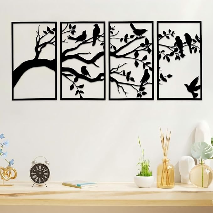 ruelen Wall Decor 4 Pieces Metal Birds and Branch Wall Art, Tree of Life Metal Wall Art, Black Leaves with Birds Silhouette Hanging Wall Sculpture for Indoor Home Bedroom Living Room Office Outdoor