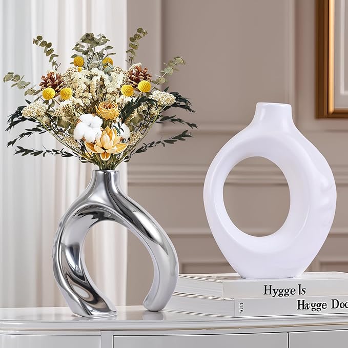 White and Silver Donut Vases, Set of 2, Ceramic Round Modern Vases, Neutral Minimalist Vases for Dining Room Table Centerpiece, Living Room Wedding Table Decoration