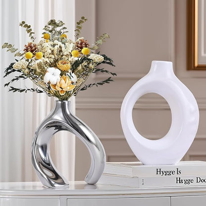 White and Silver Donut Vases, Set of 2, Ceramic Round Modern Vases, Neutral Minimalist Vases for Dining Room Table Centerpiece, Living Room Wedding Table Decoration