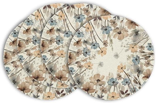 Artoid Mode Brown Poppy Floral Leaves Round Placemats Set of 4,15 Inch Seasonal Summer Table Mats for Party Kitchen Dining Decoration