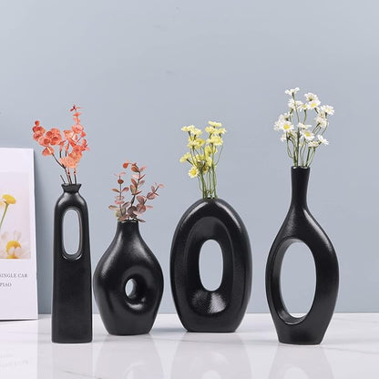 Black Ceramic Vase for Home Decor Set of 4 - Oval Hollow Vase Nordic Black Round Vase for Pampas Grass, Modern Decorative Flowers Vase for Living Room, Office, Mantel, Entryway, Table Centerpieces