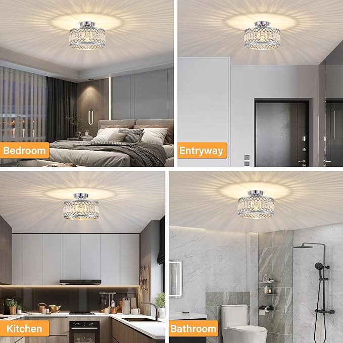 Crystal Ceiling Light Fixture, Modern Semi Flush Mount Ceiling Light, Chrome Lighting Fixtures Ceiling Lamp for Hallway, Kitchen, Entryway, Bedroom, Laundry Room, 1-Light, 11.4 Inch
