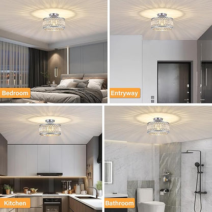 Crystal Ceiling Light Fixture, Modern Semi Flush Mount Ceiling Light, Chrome Lighting Fixtures Ceiling Lamp for Hallway, Kitchen, Entryway, Bedroom, Laundry Room, 1-Light, 11.4 Inch