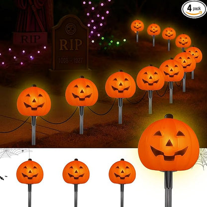 Halloween Pumpkin Pathway Lights, 4PCS 3D Pumpkin Light with Stake, C7 Outdoor Connectable Pumpkin Shaped Pathway String Lights for Patio Yard Lawn Walkway Halloween Party Decor, Black Wire