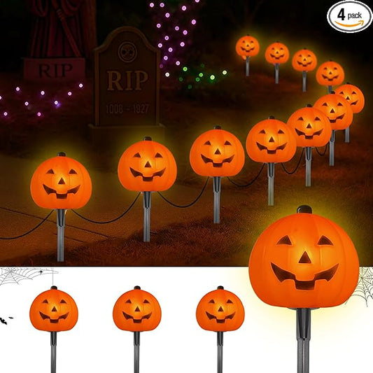 Halloween Pumpkin Pathway Lights, 4PCS 3D Pumpkin Light with Stake, C7 Outdoor Connectable Pumpkin Shaped Pathway String Lights for Patio Yard Lawn Walkway Halloween Party Decor, Black Wire