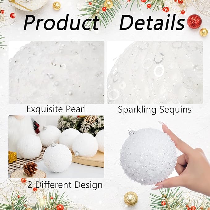 6pcs 3.94" Christmas Ball Ornaments Glitter Shatterproof Christmas Tree Ornaments Sequin Xmas Hanging Balls Decorations for Wedding Party Holiday (White, 6pc-10cm)