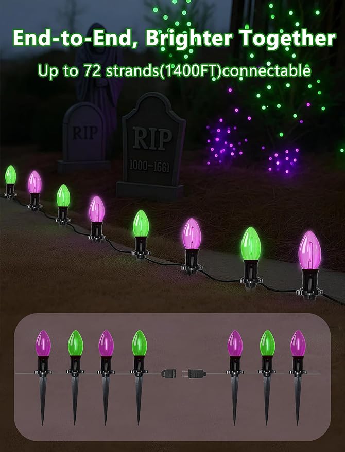 Halloween Stake Lights, 10PK C9 LED Pathway Lights with Purple & Green Bulbs, 19.5ft Outdoor Walkway Lights, Waterproof, Extendable Yard, Driveway, Porch & Garden Halloween Decorations