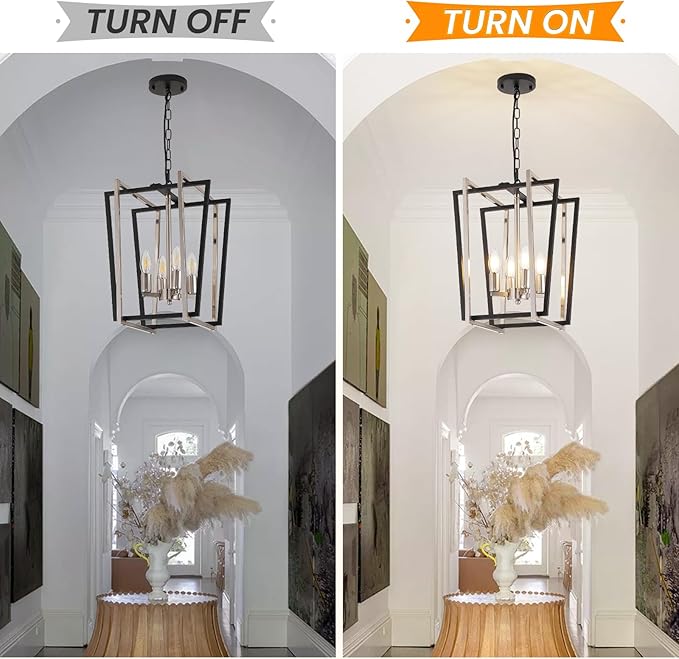 4-Light Silver Chandelier, Farmhouse Lantern Pendant Lighting Fixtures, Industrial Ceiling Light, Adjustable Height Rustic Geometric Hanging Chandelier for Kitchen Island,Entryway,Foyer,E12 Socket