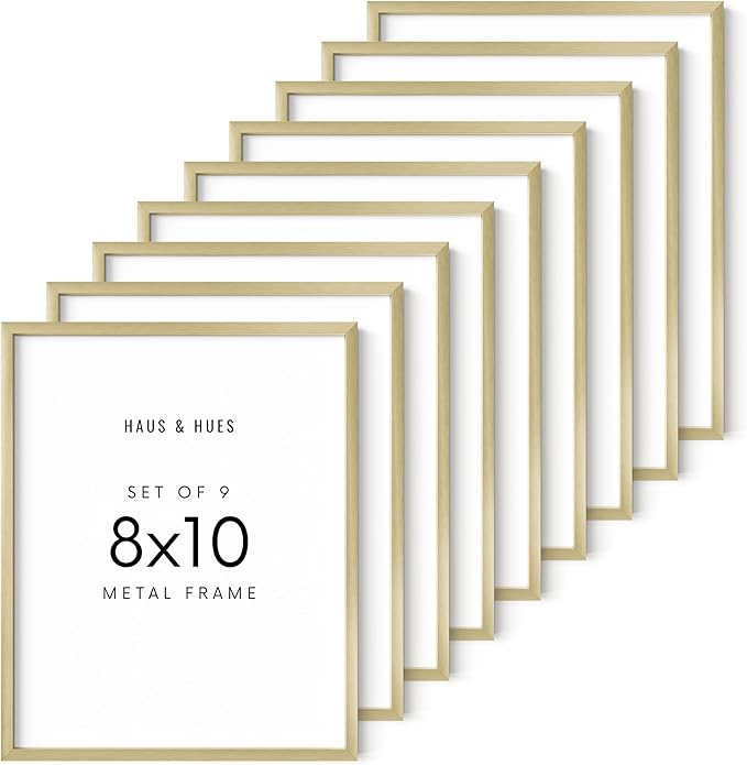 HAUS AND HUES 8x10 Gold Metal Picture Frames - Features Premium Aluminum, Vertical & Horizontal Hang, Shatterproof Plexiglass - Ideal for Home, Room, Office (8x10 in, Gold, Set of 9)