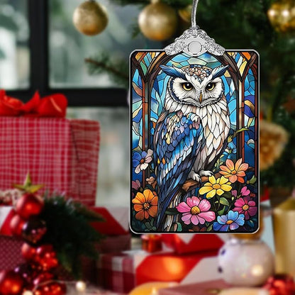 Owl and Wildflowers Stained Glass Ornament, 2025 Christmas Tree Hanging Decoration for Gift Exchange or Stocking Stuffer, Holiday Decor, 3.8 x 2.4 Inch
