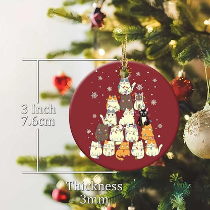 Cats Christmas Tree Ornament Round Ceramic Ornament Xmas Keepsake for Christmas Tree Winter Holiday Xmas Gift for Women Men Xmas Hanging Ornament 3"