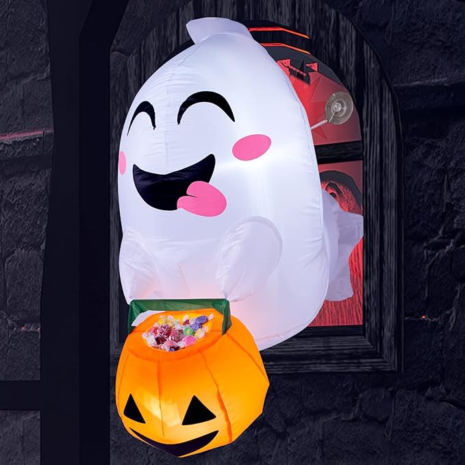 Joiedomi 4.5 ft Tall Halloween Inflatable Outdoor Decorations, Blow Up Halloween Yard Decorations Inflatable Window Ghost Decor, Blow Up Ghost with Candy Basket for Window Decor