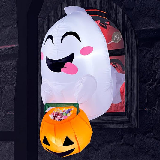 Joiedomi 4.5 ft Tall Halloween Inflatable Outdoor Decorations, Blow Up Halloween Yard Decorations Inflatable Window Ghost Decor, Blow Up Ghost with Candy Basket for Window Decor