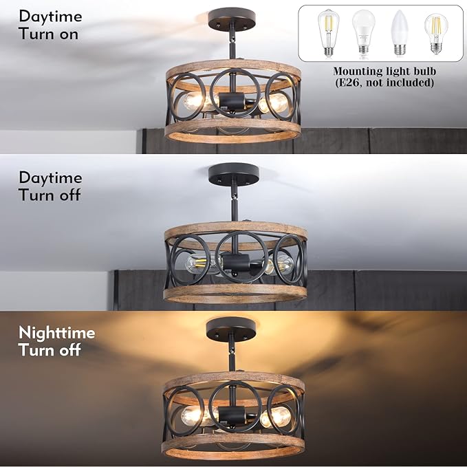 Semi Flush Mount Ceiling Light, 3-Lights Modern Farmhouse Ceiling Lighting Fixture, Vintage Close to Ceiling Light for Kitchen Hallway Foyer Bedroom Black and Wood Grain Finish