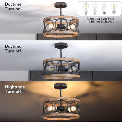 Semi Flush Mount Ceiling Light, 3-Lights Modern Farmhouse Ceiling Lighting Fixture, Vintage Close to Ceiling Light for Kitchen Hallway Foyer Bedroom Black and Wood Grain Finish