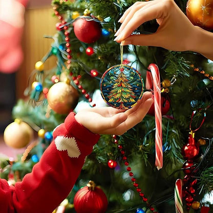 Christmas Tree Ornament Round Ceramic Stained Glass Style Ornament Star Xmas Keepsake for Christmas Tree Winter Holiday Xmas Gift for Women Men Xmas Hanging Ornament 3"