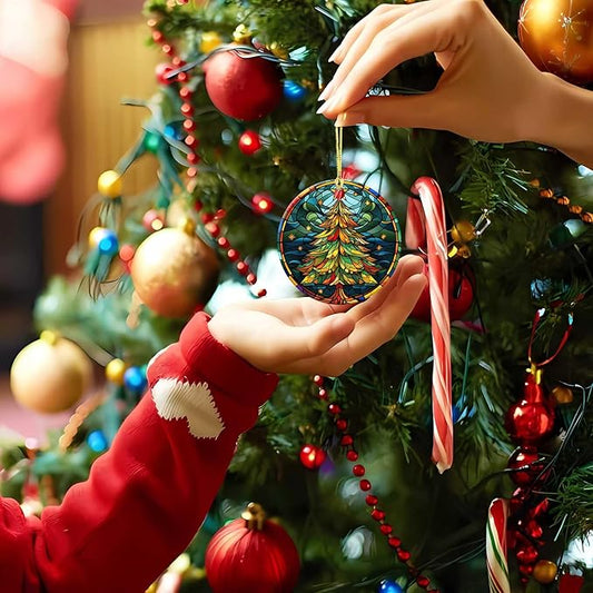 Christmas Tree Ornament Round Ceramic Stained Glass Style Ornament Star Xmas Keepsake for Christmas Tree Winter Holiday Xmas Gift for Women Men Xmas Hanging Ornament 3"