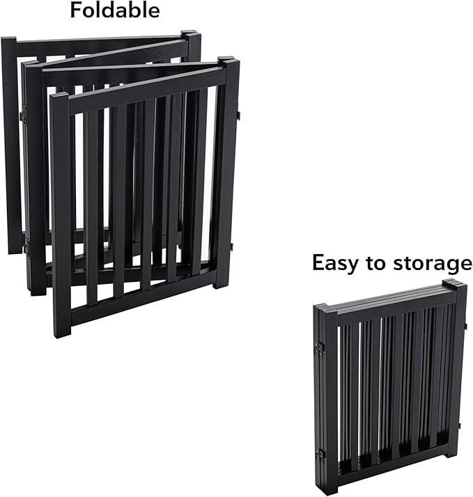 LZRS 4-Panel Wooden Free Standing Foldable Dog Gate – 24" High, Extra Wide Step-Over Safety Pet Gate for Doorways, Stairs, Hallways, Large Spaces & Playpen for Puppies Indoor Use, Black