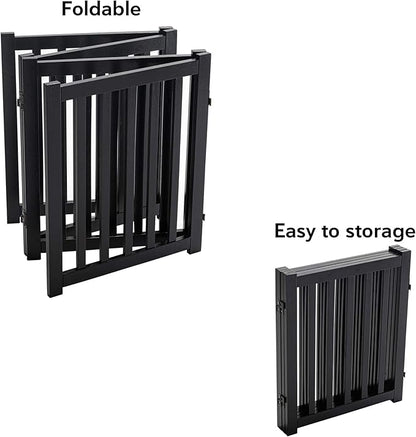 LZRS 4-Panel Wooden Free Standing Foldable Dog Gate – 24" High, Extra Wide Step-Over Safety Pet Gate for Doorways, Stairs, Hallways, Large Spaces & Playpen for Puppies Indoor Use, Black