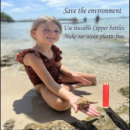 Pure Copper Water Bottle - Handcrafted - Ayurveda Health Benefits - 33 OZ - Leak proof - Easy to carry for Sports, Fitness, Yoga, School - Red Color Matte Finish Vintage Enamel.